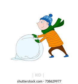Illustration of a Little Boy laughing. Kid is making big snowball for snow man