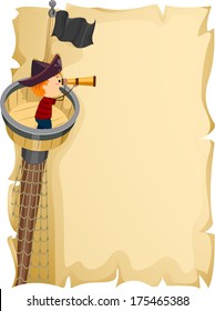 Illustration of a Little Boy Observing His Surroundings from the Crow's Nest of a Ship