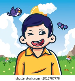 illustration of a little boy on a meadow in summer.