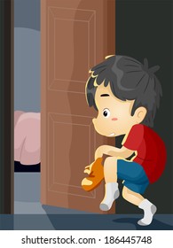 Illustration Of A Little Boy On Tiptoes Trying To Sneak Out Of The House