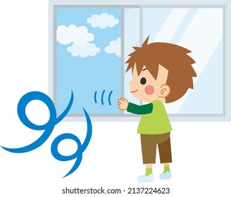 Illustration Of A Little Boy Opening Window.