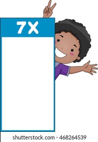 Illustration of a Little Boy Peeking from Behind a Multiplication Flash Card for Multiples of Seven