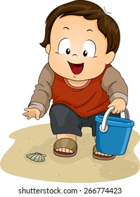 Illustration Of A Little Boy Picking Seashells