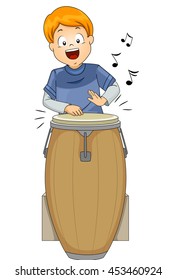 Illustration of a Little Boy Playing with a Conga Drum