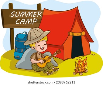 Illustration of a Little Boy Playing the Guitar and Camping Tent