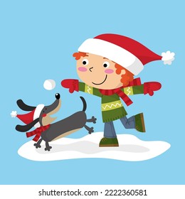 Illustration of a little boy playing with his dachshund on winter