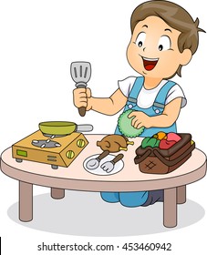 Illustration of a Little Boy Playing with Mini Kitchen Utensils