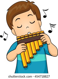 Illustration of a Little Boy Playing with a Pan Flute