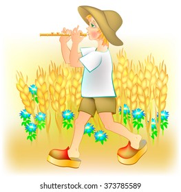 Illustration of little boy playing the pipe, vector cartoon image.