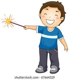 Illustration of a Little Boy Playing with a Sparkler