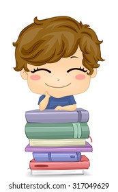 Illustration of a Little Boy Posing in Front of a Pile of Books