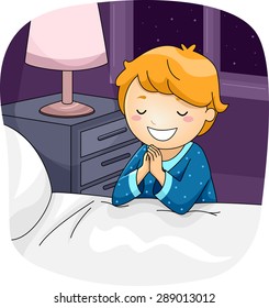 Illustration eines kleinen Jungen, der betet, bevor er ins Bett geht