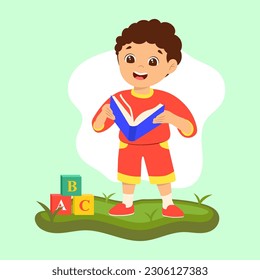 Illustration Little boy of preschool age with brown hair holding a blue textbook standing on the grass