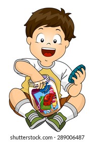 Illustration of a Little Boy Putting His Toys Inside a Jar to Make a Time Capsule