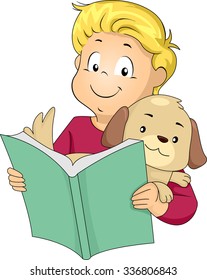 Illustration of a Little Boy Reading a Book to His Pet Dog