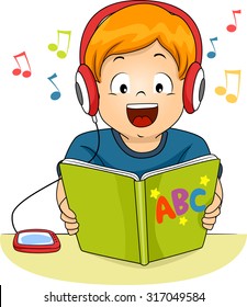 Illustration of a Little Boy Reading a Storybook While Listening to an Audio File