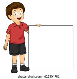 Illustration of a Little Boy in a Red Polo and Black Shorts Standing Beside a Blank Square Board