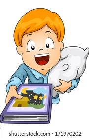 Illustration eines kleinen Jungen, der um Lesen einer Zeitgeschichte nachsucht