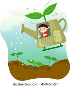 Illustration of a Little Boy Riding a Helicopter Shaped Watering Can