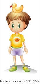 Illustration of a little boy with a rubber duck on a white background