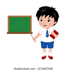 Illustration of little boy in school uniform, holding book, showing something on the school board. Vector.