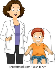 Illustration of a Little Boy Sitting on a Dental Chair with His Dentist Beside Him