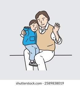 Illustration of a little boy sitting on his grandmother's lap waving. Hand drawn vector elements.
