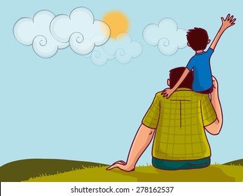 Illustration of a little boy sitting on his daddy's shoulder on nature background for Happy Father's Day celebration.