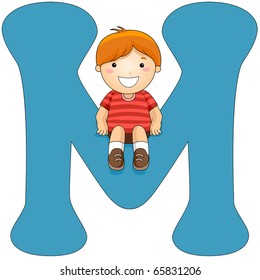 Illustration of a Little Boy Sitting on a Letter M