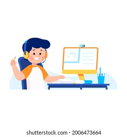 illustration of little boy sitting for online class