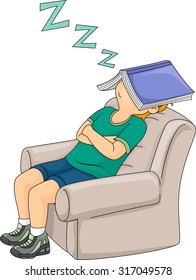 Illustration of a Little Boy Sleeping on a Chair with His Book Covering His Face