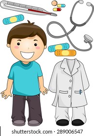 Illustration of a Little Boy Standing Beside Items Associated with Doctors