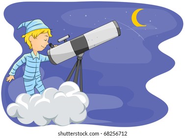 Illustration Of A Little Boy Star Gazing With The Help Of His Telescope