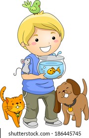 Illustration of a Little Boy Surrounded by Different Pets