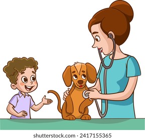 Ilustración de un niño pequeño hablando con un veterinario con un perro