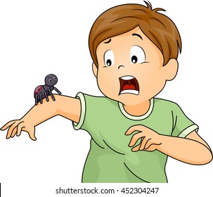 Illustration of a Little Boy Terrified by a Spider