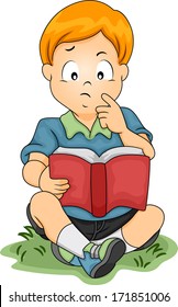 Illustration of a Little Boy Thinking About Something While Reading a Book