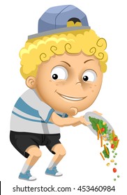 Illustration of a Little Boy Throwing His Vegetables Away