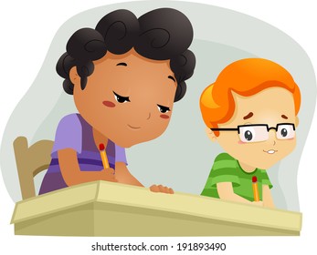 Illustration of a Little Boy Trying to Copy His Seatmate's Answers