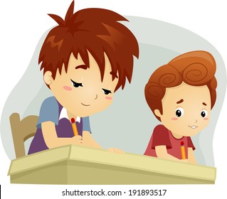 Illustration of a Little Boy Trying to Copy His Seatmate's Answers