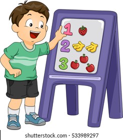 Ilustración de un niño pequeño utilizando una placa y un juego de etiquetas para hacer coincidir objetos con sus números correspondientes