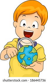 Illustration of a Little Boy Using a Magnifying Glass to Examine a Globe
