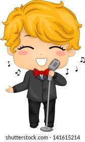 Illustration of Little Boy using a Retro Mic for Singing