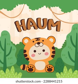 Illustration of a little boy wearing a cute tiger costume on a jungle background