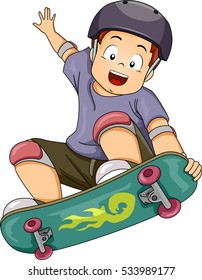 Ilustração de um menino usando equipamento de proteção durante a execução de acrobacias de skate