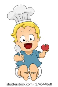 Illustration of a Little Boy Wearing a Toque and Holding a Tomato and a Spoon