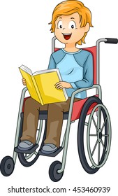 Illustration of a Little Boy in a Wheelchair Reading a Book