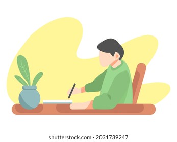 illustration of little boy writing schoolwork near potted plants at study table. isolated on a yellow background. concept of learning at home, school, education. flat vector design.