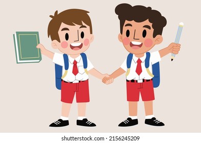 Illustration of little boys back to school. The children returned to school with uniforms, bags, books and pencils.