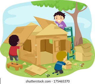 Illustration Of Little Boys Building A Playhouse Made Of Carton